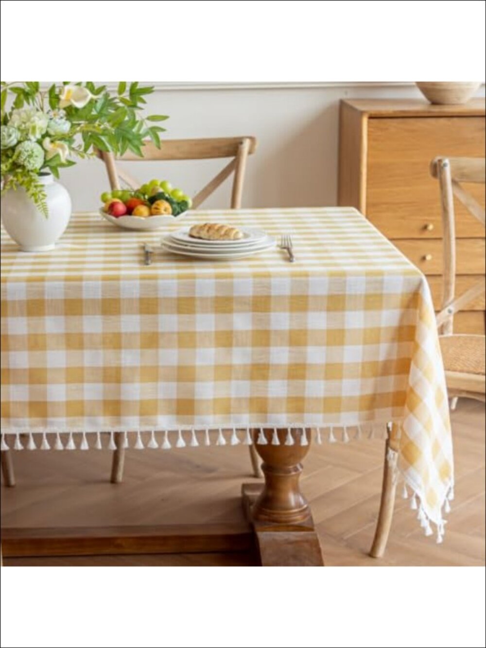 Cotton Linen Gingham Tablecloth Tassel Fringe Rectangle 55x75
